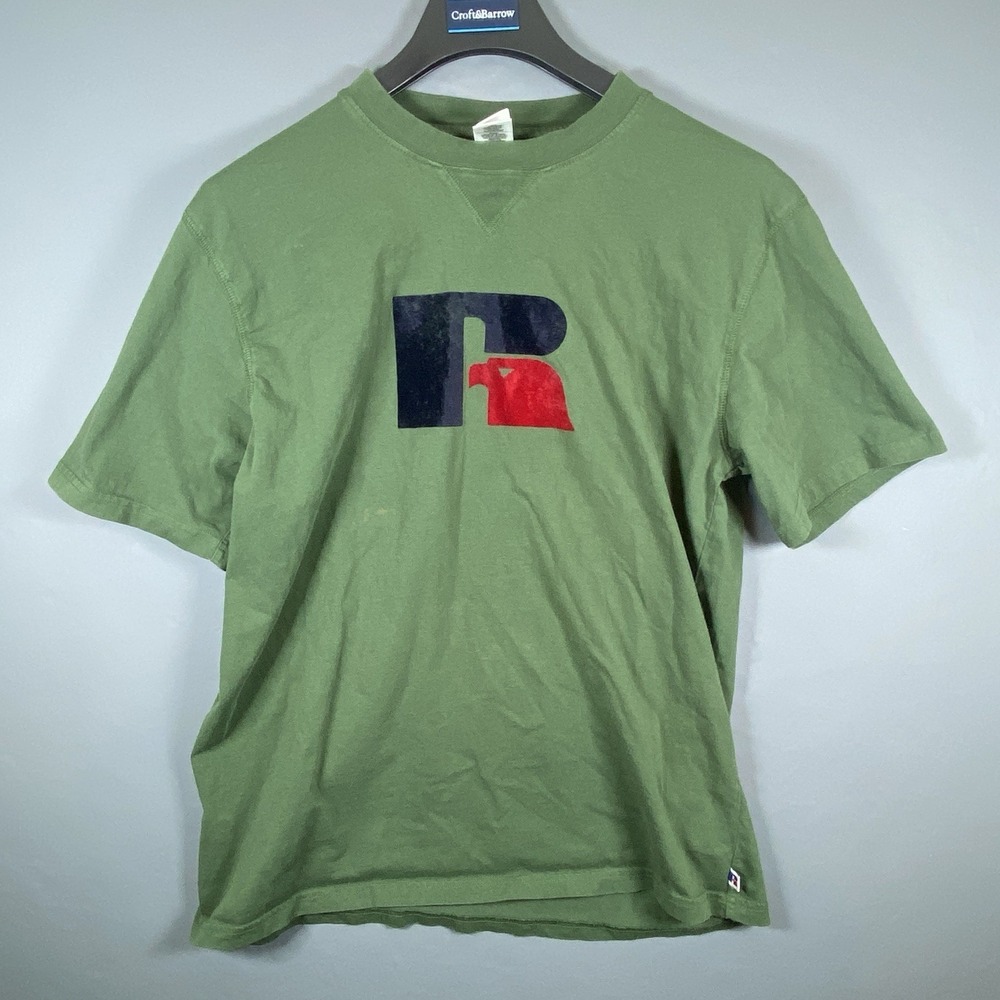 Vintage Russell Athletic XL Mens Blue /Red Fuzzy Logo Short Sleeve Tshirt